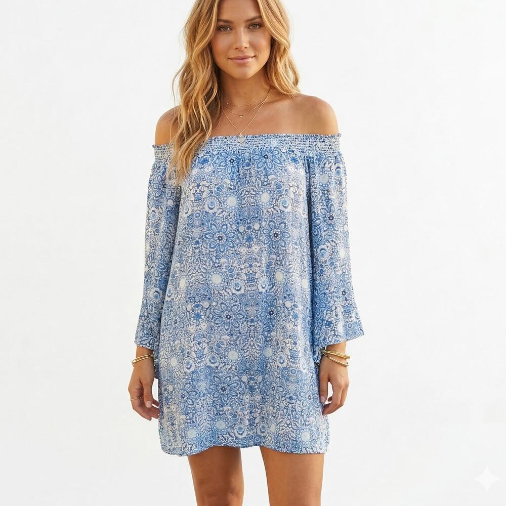 Show Me Your Mumu Women's off Shoulder Dress in Blue Floral